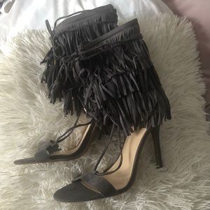 Gray lace up fringe heels